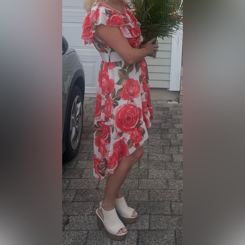 Floral Dress - White, Red and Green